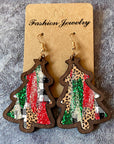 Fiery Red Shade Of Leopard Plaid Christmas Tree Earrings