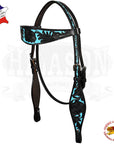 Western Horse Headstall & Breast Collar Tack American Leather Black Turquoise Hilason