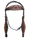 Hilason Western Horse Headstall & Breast Collar American Leather Orange Hand Paint