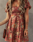 Floral Puff Sleeve Open Back Mini Dress