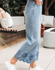 Solid Denim Embroidered Wide Leg Jeans