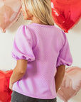 Solid Textured Round Neck Puff Sleeve Blouse