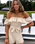 Ruffled Off Shoulder Jumpsuit With Ribbon Tie Waist