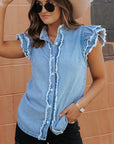 Ashlyn Ruffled Flutter Frayed Denim Top