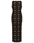 Black and Tan Aztec Sleeveless Bodycon Side Slit Maxi Dress