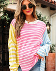 Esther Striped Patchwork Dolman Sleeve Slit Sweater