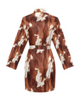 Brown Cow Print Women's Long Sleeve Belted Satin Feel Dressing Lounge Robe