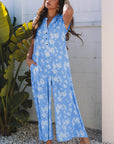 Floral Half-Button Sleeveless Wide Leg Jumpsuit