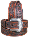 44" Roper Mens Tan Hand Tooled Floral Design Belt With Silver Buckle