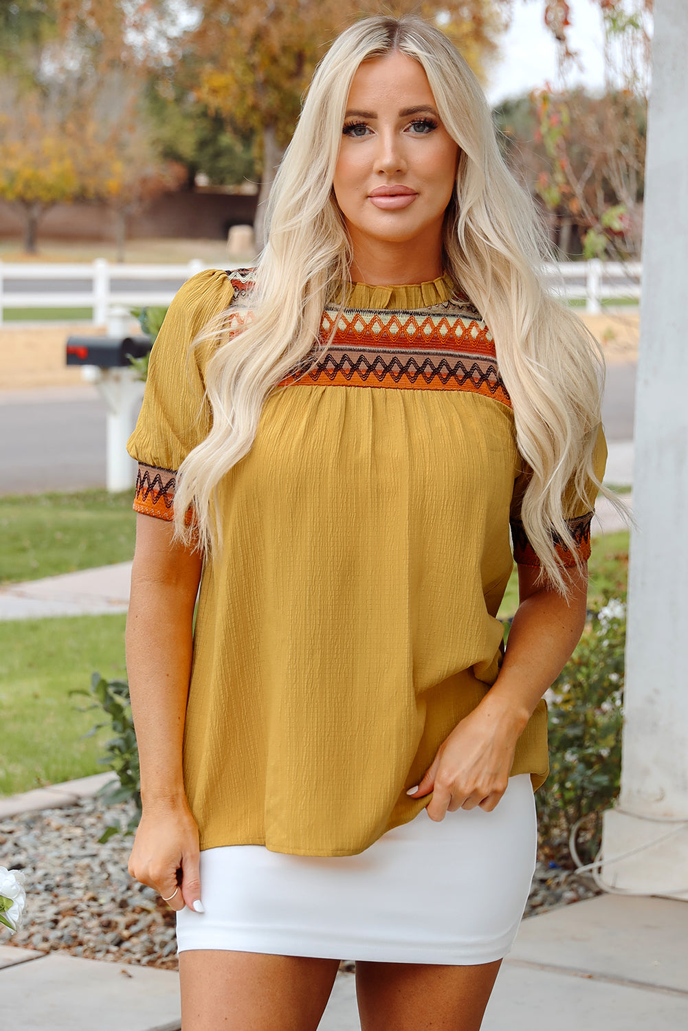Jazlyn Geometric Short Puff Sleeve Frilled Blouse