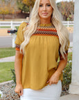 Jazlyn Geometric Short Puff Sleeve Frilled Blouse