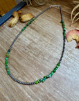 19” Necklace – Sterling Silver Pearls & Bright Green Nugget Turquoise