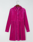 Velvet Button-Up Long Sleeve Ruffle Dress