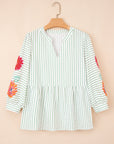 Ashley Stripe Flower Puff Sleeve V Neck Babydoll Blouse