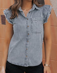 Bridget Frayed Ruffle Sleeve Denim Shirt