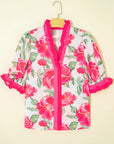 Floral Contrast Frilled V-Neck Blouse