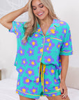 Flower Print Buttoned Shirt And Drawstring Waist Pajama Set