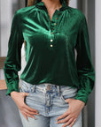 Gwynn Frilled Neck Buttoned Front Velvet Top