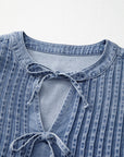 Solid Denim Pleated Bow Tie Puff Sleeve Top