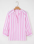 Stripe Puff Sleeve Buttoned V-Neck Blouse