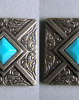 Western Screw Back Concho 1.25 In Antique Silver Turquoise Square Saddle