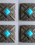 Western Screw Back Concho 1.25 In Antique Silver Turquoise Square Saddle