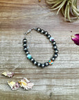 8 mm Sterling Silver Pearls bracelet with Mohave beads