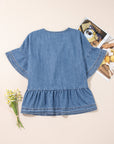 Liv Denim Ruffled Sleeve Lace up Front Peplum Top