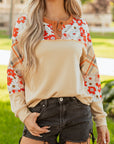 Floral Plaid Patchwork Long Sleeve Henley Top