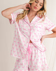 Bowknot Print Shirt and Ruffle Hem Shorts Pajama Set