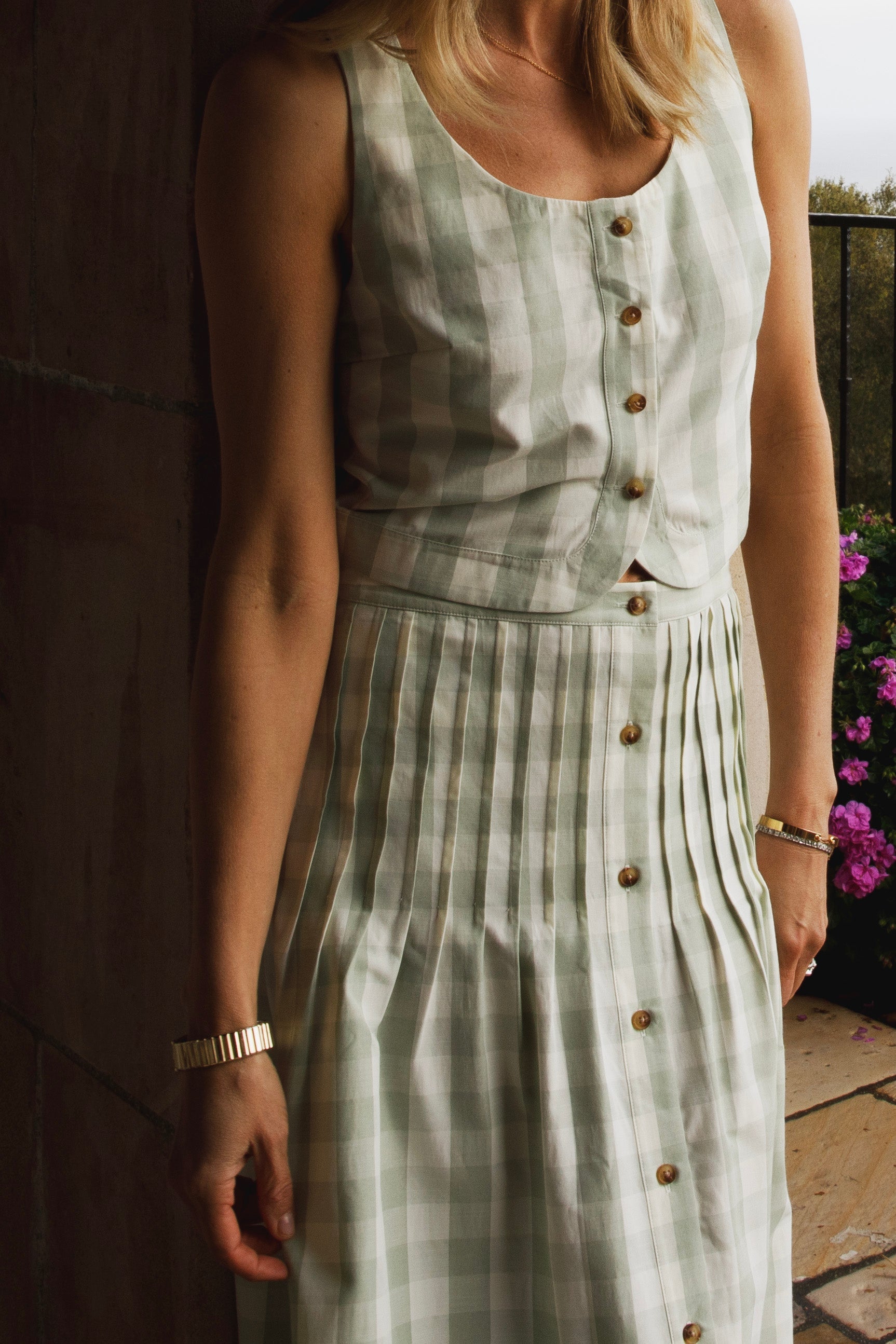 MASON'S DAUGHTER Andrea Skirt, Green/Ivory Shantung Gingham