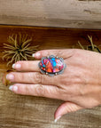 Adjustable Ring – Pink Dahlia Stone – Sterling Silver – Tia Long Navajo Handmade