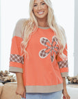 Plaid Flower Waffle Knit Patchwork 3/4 Sleeve Top