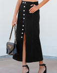 Emberlynn Button Fly Side Split High Waist Denim Midi Skirt