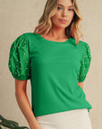 Pearl Beaded Puff Sleeve Ribbed Top