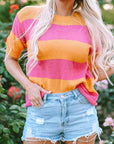 Henley Stripe Color Block Knitted T-shirt Sweater