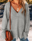 Solid Eyelet V-Neck Drop Shoulder Sweater