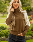 Colorblock Raglan Puff Sleeve Mock Neck Sweater