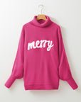 Christmas Merry Embroidered Puff Sleeve Turtleneck Sweater
