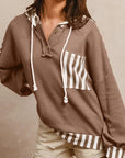 Stripe Patchwork Waffle Knit Buttoned Hoodie