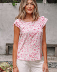 Floral Bow Back Ruffle Sleeve Blouse