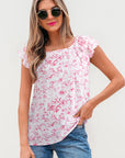 Floral Bow Back Ruffle Sleeve Blouse