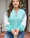 Plus Size Plaid Patchwork Corded Knit Long Sleeve Top