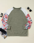 Floral Ribbed Patchwork Long Sleeve Blouse
