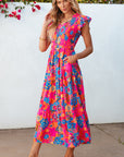Kamari Boho Floral V Neck Ruffle Tiered Long Dress