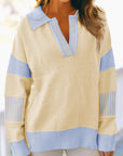 Stripe Colorblock Collared Drop Shoulder Sweater
