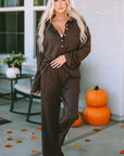 Brooke Ribbed Knit Collared Henley Top and Pants Lounge Outfit