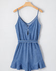 Aspyn Spaghetti Straps Ruffled Leg Chambray Romper