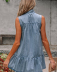 Chambray Bow Neck Sleeveless Ruffle Dress