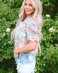 Azaria Floral Print Button Split Neck Puff Sleeve Blouse